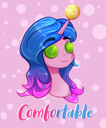 Size: 1875x2250 | Tagged: safe, artist:stravy_vox, izzy moonbow, pony, unicorn, g5, my little pony: a new generation, spoiler:my little pony: a new generation, abstract background, ball, bust, cucumber, food, horn, hornball, izzy's tennis ball, portrait, solo, tennis ball