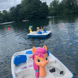 Size: 1080x1080 | Tagged: safe, hitch trailblazer, sunny starscout, earth pony, human, pony, g5, official, boat, bust, female, irl, irl human, lake, london, lottie.london, male, mare, photo, stallion, tree