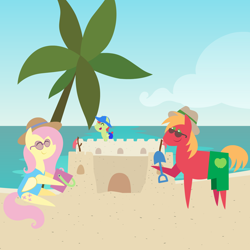 Size: 2160x2160 | Tagged: safe, anonymous artist, big macintosh, fluttershy, oc, oc:late riser, earth pony, pegasus, pony, series:fm family vacation, series:fm holidays, g4, baby, baby pony, beach, bucket, clothes, colt, female, hat, high res, hoof hold, male, mare, offspring, one-piece swimsuit, palm tree, parent:big macintosh, parent:fluttershy, parents:fluttermac, pointy ponies, sandcastle, ship:fluttermac, shipping, sitting, spade, stallion, straight, sun hat, sunglasses, swimming trunks, swimsuit, tree