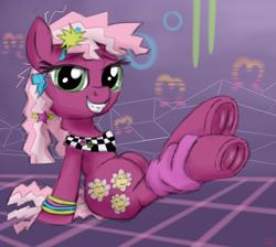 Size: 3800x3400 | Tagged: safe, artist:littlenaughtypony, cheerilee, earth pony, pony, g4, 80s, 80s cheerilee, anatomically incorrect, braces, clothes, eyebrows, female, frog (hoof), grin, high res, hoofbutt, leg warmers, looking at you, mare, sitting, smiling, smiling at you, solo, underhoof
