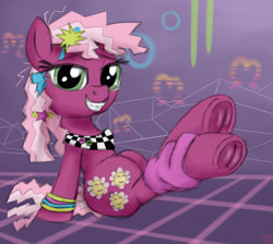 Size: 3800x3400 | Tagged: source needed, safe, artist:littlenaughtypony, cheerilee, earth pony, pony, g4, 80s, 80s cheerilee, anatomically incorrect, braces, clothes, eyebrows, female, frog (hoof), grin, high res, hoofbutt, leg warmers, looking at you, mare, sitting, smiling, smiling at you, solo, underhoof