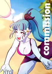 Size: 2079x2972 | Tagged: safe, artist:amazingpuffhair, sonata dusk, equestria girls, g4, beach, beach babe, breasts, busty sonata dusk, cleavage, commission, flower, flower in hair, high res, open mouth, palm tree, sand, solo, sports, tree, volleyball