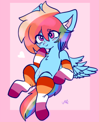 Size: 1381x1708 | Tagged: safe, artist:nyansockz, artist:ube, rainbow dash, pony, g4, belly, blushing, clothes, cute, dashabetes, female, headcanon, lesbian, lesbian pride flag, pride, pride flag, pride socks, sexuality headcanon, simple background, socks, stomach, striped socks