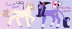 Size: 1280x523 | Tagged: safe, artist:s0ftserve, oc, oc:masquerade, oc:starfall, pony, unicorn, curved horn, dyed mane, female, glasses, hat, horn, magical lesbian spawn, male, mare, offspring, parent:starlight glimmer, parent:trixie, parents:startrix, siblings, stallion, unshorn fetlocks, witch hat