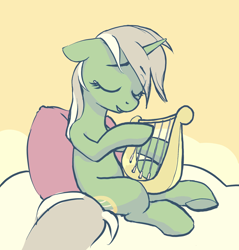 Size: 1596x1668 | Tagged: safe, artist:nadnerbd, lyra heartstrings, pony, unicorn, g4, eyes closed, female, lyre, mare, musical instrument, pillow, solo