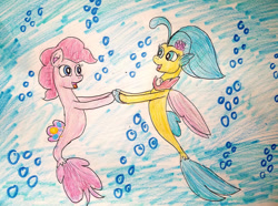Size: 1280x950 | Tagged: safe, artist:johng15, pinkie pie, princess skystar, earth pony, pony, seapony (g4), g4, my little pony: the movie, blue eyes, blue mane, bubble, dorsal fin, female, fin wings, fins, fish tail, flower, flower in hair, jewelry, looking at each other, necklace, open mouth, open smile, pearl necklace, pink mane, seaponified, seapony pinkie pie, smiling, species swap, tail, traditional art, underwater, water, wings