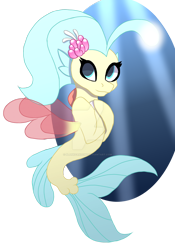 Size: 1024x1465 | Tagged: safe, artist:blankfandoms, princess skystar, seapony (g4), g4, my little pony: the movie, blue eyes, crepuscular rays, dorsal fin, female, fin wings, fish tail, flower, flower in hair, flowing tail, glowing, jewelry, necklace, ocean, red wings, simple background, smiling, solo, sunlight, tail, transparent background, underwater, water, wings