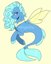 Size: 1280x1591 | Tagged: safe, artist:mingoxu, oc, oc only, seapony (g4), blue mane, dorsal fin, female, fin wings, fins, fish tail, flowing tail, jewelry, necklace, pearl necklace, purple eyes, simple background, solo, tail, watermark, wings, yellow background