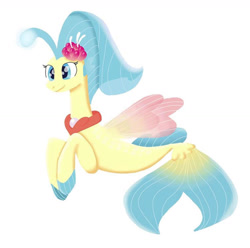 Size: 1280x1272 | Tagged: safe, artist:scoopedmelon, princess skystar, seapony (g4), g4, my little pony: the movie, blue eyes, blue mane, dorsal fin, female, fin wings, fins, fish tail, flower, flower in hair, flowing tail, jewelry, necklace, pearl necklace, simple background, smiling, solo, tail, white background, wings