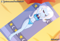 Size: 2800x1900 | Tagged: safe, artist:deadinside97, trixie, equestria girls, g4, arm behind head, beach, bedroom eyes, belly button, clothes, female, grin, high res, looking at you, lying down, on back, patreon, show accurate, smiling, smiling at you, solo, swimsuit, trixie's beach shorts swimsuit