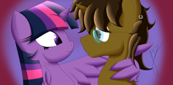 Size: 2930x1440 | Tagged: safe, artist:jimmy draws, twilight sparkle, oc, oc:jaden forte, alicorn, pony, unicorn, g4, cute, glasses, horn, ponysona, smiling, twilight sparkle (alicorn)