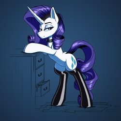 Size: 2000x2000 | Tagged: safe, artist:kirasunnight, rarity, pony, unicorn, g4, bedroom eyes, belly button, clothes, collar, eyeshadow, female, high res, latex stockings, makeup, mare, solo, stockings, thigh highs