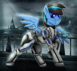 Size: 1308x1202 | Tagged: safe, artist:jesterpi, oc, oc:iceberg skystriker, pegasus, pony, armor, armored pony, blaster, bridge, clone, clone trooper, clothes, dramatic, epic, fight, kamino, looking at you, ocean, rain, science fiction, shading, shadow, solo, standing, star wars, stormtrooper, water, wings