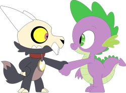 Size: 3576x2650 | Tagged: safe, artist:porygon2z, spike, dragon, titan, g4, broken horn, collar, crossover, duo, duo male, handshake, high res, horn, king clawthorne, male, pet tag, show accurate, simple background, skull, the owl house, transparent background, vector