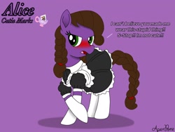 Size: 2048x1536 | Tagged: safe, artist:apexpone, oc, oc only, oc:alice, earth pony, pony, blatant lies, blushing, braided pigtails, braided tail, clothes, embarrassed, i'm not cute, maid, reference sheet, simple background, solo, stockings, thigh highs, tsundere