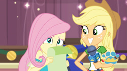Size: 3410x1920 | Tagged: safe, screencap, applejack, fluttershy, best in show: the pre-show, equestria girls, g4, my little pony equestria girls: better together, applejack's hat, belt, best in show logo, clothes, cowboy hat, cute, denim skirt, female, geode of fauna, geode of super strength, grin, hat, jackabetes, jewelry, magical geodes, microphone, necklace, shyabetes, skirt, smiling