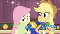 Size: 3410x1920 | Tagged: safe, screencap, applejack, fluttershy, best in show: the pre-show, equestria girls, equestria girls series, spoiler:eqg series (season 2), applejack's hat, belt, best in show logo, clothes, cowboy hat, cute, denim skirt, duo, duo female, female, geode of fauna, geode of super strength, grin, hat, high res, jackabetes, jewelry, lip bite, magical geodes, microphone, necklace, skirt, smiling