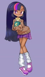 Size: 1141x1920 | Tagged: safe, artist:shugrcube, twilight sparkle, human, g4, book, clothes, dark skin, female, humanized, moderate dark skin, shoes, simple background, skirt, socks, solo, sweater