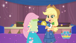 Size: 3410x1920 | Tagged: safe, screencap, applejack, fluttershy, best in show: the pre-show, equestria girls, equestria girls series, g4, spoiler:eqg series (season 2), applejack's hat, belt, best in show logo, clothes, cowboy hat, cute, cutie mark, cutie mark on clothes, denim skirt, female, geode of super strength, hat, jackabetes, jewelry, magical geodes, microphone, necklace, open mouth, skirt