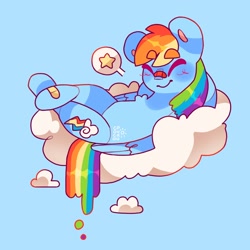 Size: 2500x2500 | Tagged: safe, artist:cocopudu, rainbow dash, pegasus, pony, g4, bandaid, bandaid on nose, blue background, cloud, eyebrows, eyebrows visible through hair, eyes closed, high res, lying down, lying on a cloud, on a cloud, pictogram, simple background, smiling, solo