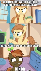 Size: 500x855 | Tagged: safe, edit, screencap, button mash, oc, oc:cream heart, earth pony, pony, button's adventures, g4, caption, chris chan, colt, comic, controller, dialogue, female, foal, frown, game boy, image macro, implied buttoncest, implied incest, implied shipping, lip bite, male, mare, meme, television, text, unfortunate implications