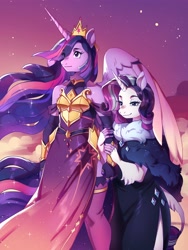 Size: 3000x4000 | Tagged: safe, artist:frogbians, rarity, twilight sparkle, alicorn, classical unicorn, unicorn, anthro, g4, the last problem, armor, beautiful, bracer, breastplate, classical alicorn, clothes, cloven hooves, crown, dress, evening gloves, female, gloves, height difference, horn, jewelry, leonine tail, lesbian, long gloves, long horn, older, older rarity, older twilight, older twilight sparkle (alicorn), princess twilight 2.0, regalia, ship:rarilight, shipping, shoulderless, side slit, spread wings, stockings, thigh highs, twilight (astronomy), twilight sparkle (alicorn), unshorn fetlocks, wings