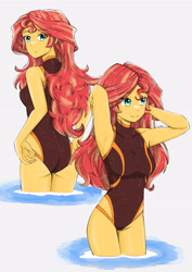 Size: 2894x4093 | Tagged: safe, artist:deeemperor, sunset shimmer, equestria girls, g4, adorasexy, arm behind head, armpits, ass, beautiful, big eyes, blushing, boobs and butt pose, breasts, bunset shimmer, butt, clothes, cute, eyebrows, eyebrows visible through hair, eyelashes, female, high res, large voluminous hair, legs in the water, looking back, one-piece swimsuit, partially submerged, rear view, reasonably sized breasts, sexy, shimmerbetes, simple background, smiling, solo, story included, swimsuit, thighs, tugging, water, wet, wet hair, white background