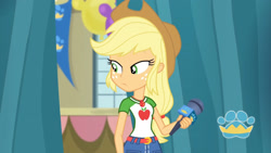 Size: 3410x1920 | Tagged: safe, screencap, applejack, earth pony, pony, pony town, best in show: the pre-show, equestria girls, equestria girls series, g4, spoiler:eqg series (season 2), applejack's hat, applejack's shirt with a collar, belt, best in show logo, clothes, collar, collar shirt, cowboy hat, cutie mark, cutie mark on clothes, denim skirt, female, freckles, frown, geode of super strength, hair, hat, jewelry, lidded eyes, magical geodes, microphone, narrowed eyes, necklace, oy vey, shirt, shirt with a collar, skirt, solo, stetson, t-shirt, teenager