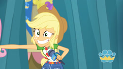 Size: 3410x1920 | Tagged: safe, screencap, applejack, fluttershy, best in show: the pre-show, equestria girls, equestria girls series, g4, spoiler:eqg series (season 2), applejack's hat, applejack's shirt with a collar, awkward, awkward smile, belt, best in show logo, clothes, collar, collar shirt, cowboy hat, cutie mark, cutie mark on clothes, denim skirt, female, freckles, geode of super strength, grin, hair, hat, jewelry, leaning forward, magical geodes, microphone, necklace, offscreen character, ponytail, shirt, shirt with a collar, skirt, smiling, t-shirt, teenager