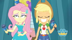 Size: 3410x1920 | Tagged: safe, screencap, applejack, fluttershy, best in show: the pre-show, equestria girls, equestria girls series, g4, spoiler:eqg series (season 2), applejack's hat, applejack's shirt with a collar, belt, best in show logo, clothes, collar, collar shirt, cowboy hat, cutie mark, cutie mark on clothes, denim skirt, dress, eyes closed, female, geode of fauna, geode of super strength, grin, hairpin, hat, jewelry, lidded eyes, magical geodes, microphone, necklace, shirt, shirt with a collar, skirt, smiling, smirk, t-shirt, teenager