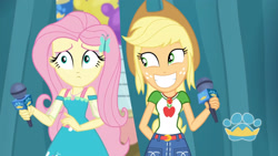 Size: 3410x1920 | Tagged: safe, screencap, applejack, fluttershy, best in show: the pre-show, equestria girls, equestria girls series, g4, spoiler:eqg series (season 2), applejack's hat, applejack's shirt with a collar, belt, best in show logo, clothes, collar, collar shirt, cowboy hat, cute, cutie mark, cutie mark on clothes, denim skirt, dress, female, freckles, geode of fauna, geode of super strength, grin, hairpin, hat, jackabetes, jewelry, magical geodes, microphone, necklace, nervous, ponytail, scared, shirt, shirt with a collar, shyabetes, skirt, smiling, t-shirt, teenager