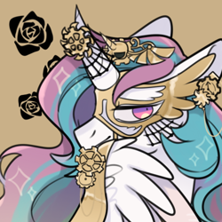 Size: 512x512 | Tagged: safe, artist:snowillusory, princess celestia, alicorn, pony, g4, abstract background, bust, female, mare, mask, solo, wings