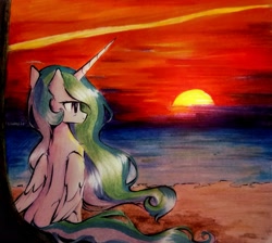 Size: 2773x2485 | Tagged: safe, artist:liaaqila, princess celestia, alicorn, pony, g4, beach, female, high res, mare, ocean, solo, sun, traditional art, water