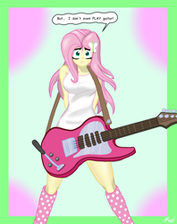 Size: 1700x2147 | Tagged: safe, artist:lennondash, fluttershy, equestria girls, g4, arm behind back, breasts, busty fluttershy, clothes, electric guitar, female, guitar, musical instrument, out of frame, polka dot socks, socks, solo, speech bubble, worried