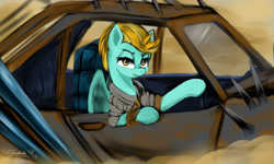 Size: 2500x1500 | Tagged: safe, artist:darksly, lightning dust, pegasus, pony, g4, belt, car, clothes, crossover, desert, female, looking at you, mad max, mare, parody, sand, shirt, solo