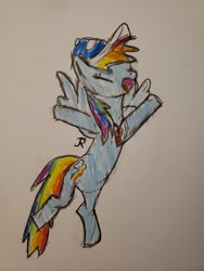 Size: 3024x4032 | Tagged: safe, artist:joeydr, rainbow dash, pegasus, pony, 2 4 6 greaaat, g4, arms wide open, coach rainbow dash, coaching cap, cute, dashabetes, eyes closed, female, flying, happy, mare, open mouth, rainbow dashs coaching whistle, signature, simple background, solo, traditional art, whistle, whistle necklace, wings