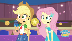 Size: 3410x1920 | Tagged: safe, screencap, applejack, fluttershy, best in show: the victory lap, equestria girls, g4, my little pony equestria girls: better together, applejack's hat, belt, best in show logo, clothes, cowboy hat, cutie mark, cutie mark on clothes, denim skirt, female, geode of fauna, geode of super strength, hairpin, hat, jewelry, magical geodes, microphone, necklace, skirt, smiling