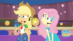 Size: 3410x1920 | Tagged: safe, screencap, applejack, fluttershy, best in show: the victory lap, equestria girls, g4, my little pony equestria girls: better together, applejack's hat, belt, best in show logo, clothes, cowboy hat, cutie mark, cutie mark on clothes, denim skirt, female, geode of fauna, geode of super strength, hairpin, hat, jewelry, magical geodes, microphone, necklace, open mouth, skirt