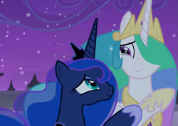 Size: 1513x1080 | Tagged: safe, screencap, princess celestia, princess luna, alicorn, pony, g4, season 9, the summer sun setback, canterlot, cropped, crown, crying, duo, duo female, female, grin, hoof shoes, jewelry, looking at each other, mare, night, proud, regalia, siblings, sisters, smiling, tears of joy, teary eyes