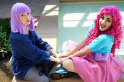 Size: 720x480 | Tagged: safe, artist:littlemissbloo, artist:sarahndipity cosplay, maud pie, pinkie pie, human, bronycon, bronycon 2015, equestria girls, g4, boots, clothes, cosplay, costume, irl, irl human, jeans, open mouth, pants, photo, shoes, skirt