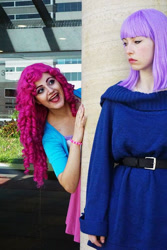 Size: 480x720 | Tagged: safe, artist:littlemissbloo, artist:sarahndipity cosplay, maud pie, pinkie pie, human, bronycon, bronycon 2015, g4, bracelet, clothes, cosplay, costume, irl, irl human, jewelry, open mouth, photo