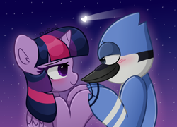 Size: 6800x4900 | Tagged: safe, artist:kittyrosie, twilight sparkle, alicorn, bird, blue jay, pony, g4, absurd resolution, blushing, crossover, crossover shipping, cute, duo, female, looking into each others eyes, male, mare, mordecai, mordetwi, night, night sky, ocbetes, regular show, shipping, shooting star, sky, straight, twiabetes, twilight sparkle (alicorn)
