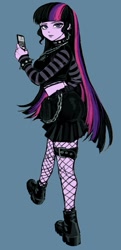 Size: 697x1438 | Tagged: safe, artist:nairdags, twilight sparkle, equestria girls, g4, alternate hairstyle, boots, cellphone, choker, clothes, female, fishnets, garter, goth, lips, looking at you, looking back, midriff, phone, shoes, short shirt, simple background, skirt, solo, spiked choker, spiked wristband, stockings, thigh highs, thousand yard stare, wristband