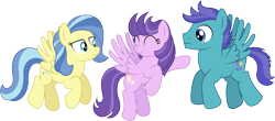 Size: 7921x3496 | Tagged: safe, artist:starcollider, clear skies, open skies, sunshower, pegasus, pony, g4, tanks for the memories, .ai available, absurd resolution, eyes closed, female, flying, male, mare, pointing, scene interpretation, simple background, smiling, stallion, transparent background, trio, vector