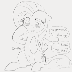 Size: 814x820 | Tagged: safe, artist:dotkwa, fluttershy, pegasus, pony, g4, belly button, cute, dialogue, female, floppy ears, grayscale, hoof on cheek, hungry, mare, meta, monochrome, onomatopoeia, open mouth, shyabetes, sitting, sketch, solo, speech bubble, stomach growl, stomach noise