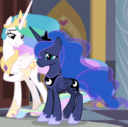 Size: 888x886 | Tagged: safe, screencap, princess celestia, princess luna, alicorn, pony, g4, season 9, the summer sun setback, cropped, crown, duo, ethereal mane, ethereal tail, female, hoof shoes, jewelry, mare, peytral, princess shoes, regalia, royal sisters, siblings, sister, sisters, starry mane, starry tail