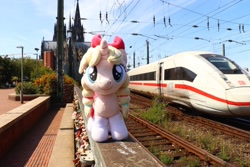 Size: 2048x1365 | Tagged: safe, artist:xeto_de, oc, oc:lily allure, pony, unicorn, cathedral, church, cologne, cute, deutsche bahn, female, germany, high speed train, ice (train), intercity express, irl, mare, photo, plushie, ponies in real life, train, train tracks