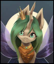 Size: 1024x1214 | Tagged: safe, artist:phi, queen chrysalis, changedling, changeling, g4, crown, female, insect wings, jewelry, necklace, purified chrysalis, regalia, simple background, solo, wings