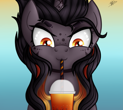 Size: 1559x1397 | Tagged: safe, artist:princessmoonsilver, oc, oc only, oc:dimness ashes, pony, bust, female, mare, portrait, smoothie, solo
