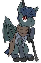 Size: 849x1276 | Tagged: safe, artist:multiverseequine, derpibooru exclusive, oc, oc only, oc:rough fluff, bat pony, pony, bat pony oc, bat wings, clothes, daybreak island, fangs, full body, looking at you, lucerne, male, red eyes, redraw, scarf, shirt, shoes, simple background, sitting, socks, solo, spread wings, stallion, weapon, white background, wings